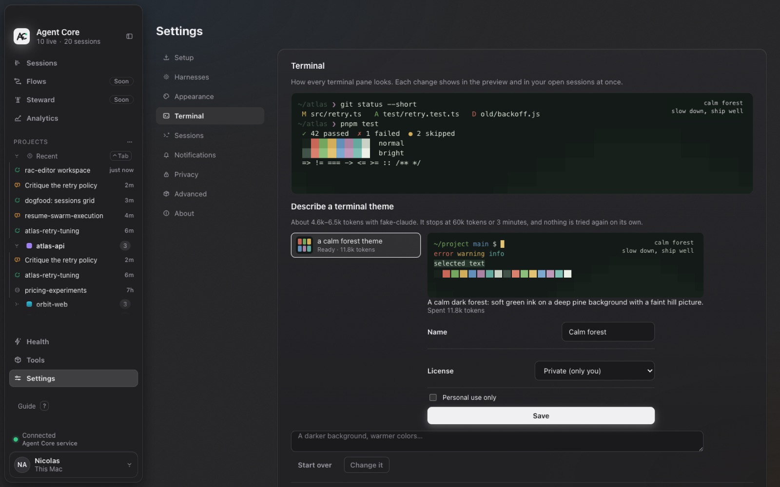 Settings → Terminal with a described calm forest theme.